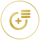gold circular icon featuring a plus sign and two lines representing text or lists